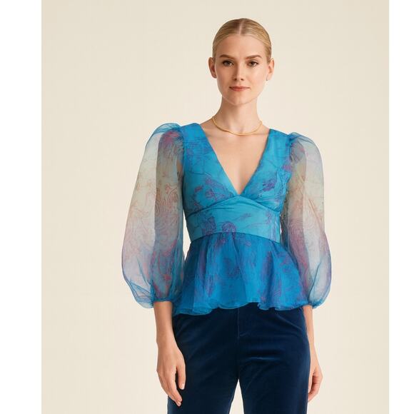 Staud Luna Peplum Top 4 Blue Sheer Organza Puff Sleeve Blouse NWT - Picture 1 of 11